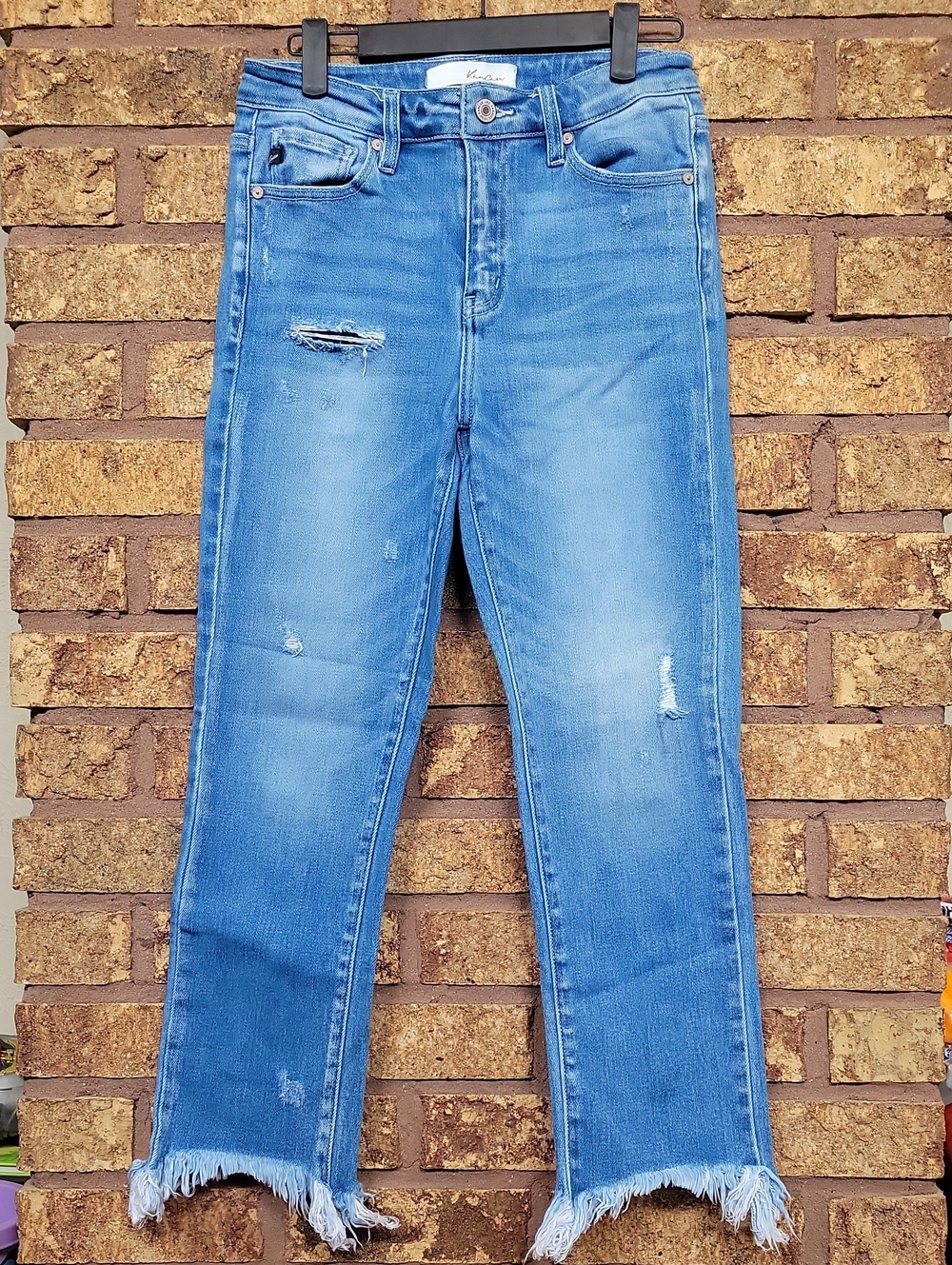 KanCan High-Rise Straight Leg Distressed Denim Jeans Frayed Hem Size 26 Stretch